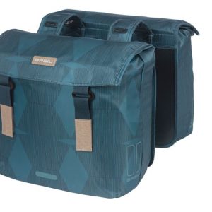 Basil elegance dubbele fietstas, blauw, gerecycled pet, gevoerd, waterkerende sluiting, universal bridge, 40-49l